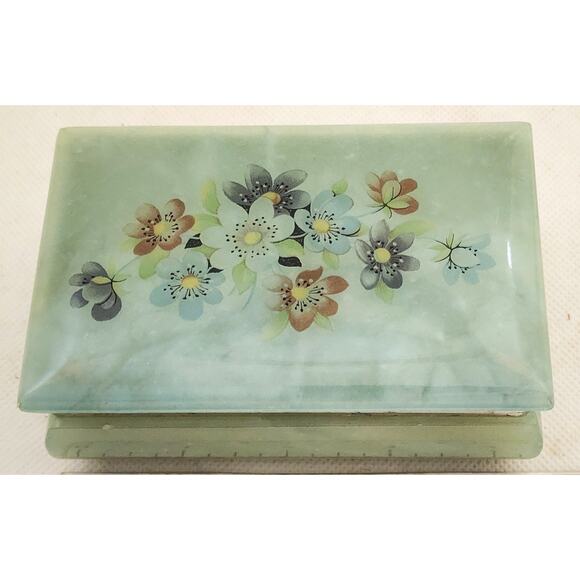 Trinket/Jewelry Box-Alabaster-Green-Flowers-Hinged Edge - Picture 10 of 13